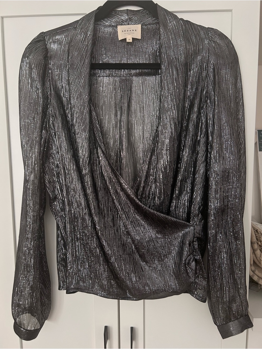 Sezane Metallic Silver Black Wrap Blouse